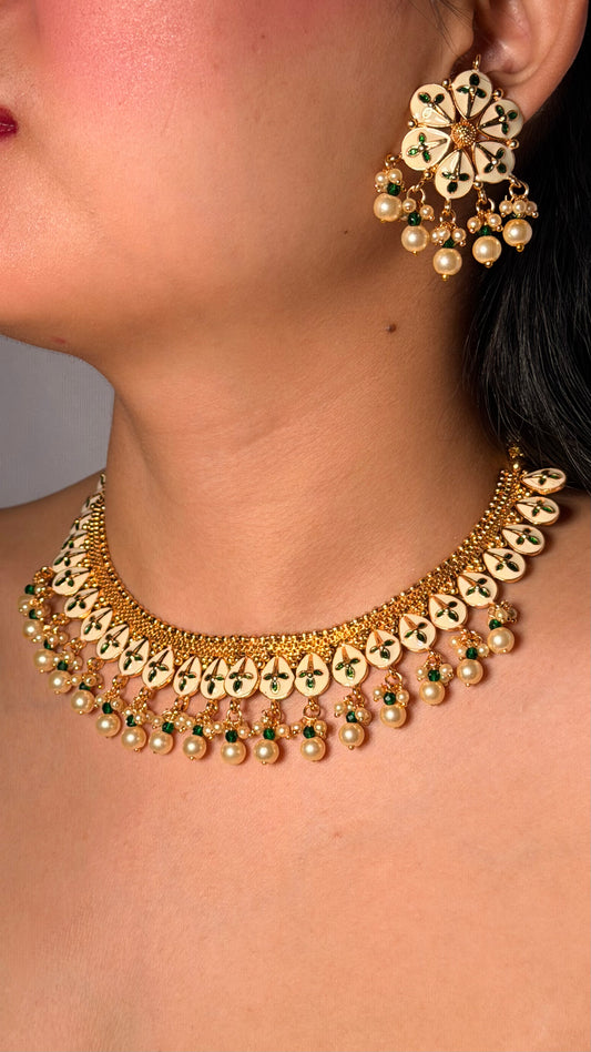 Ivory Bloom Handcrafted Festive Necklace Set With Earrings