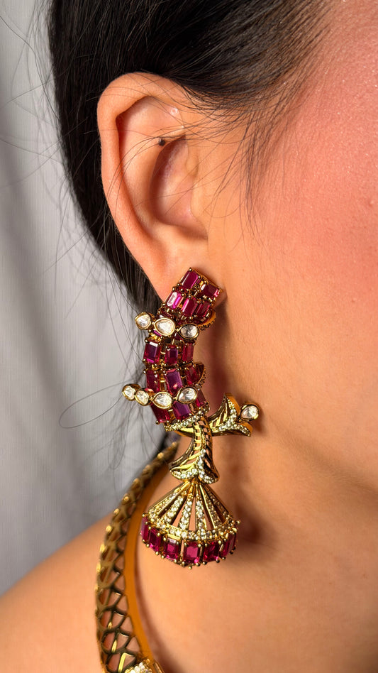 Ruby Kundan Diamonds Designer Hasli Neckpiece With Earrings