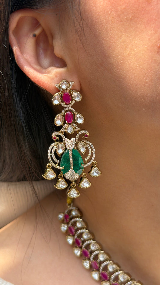 Aafreen Emerald Victorian Ruby Kundan Necklace with Long Earrings