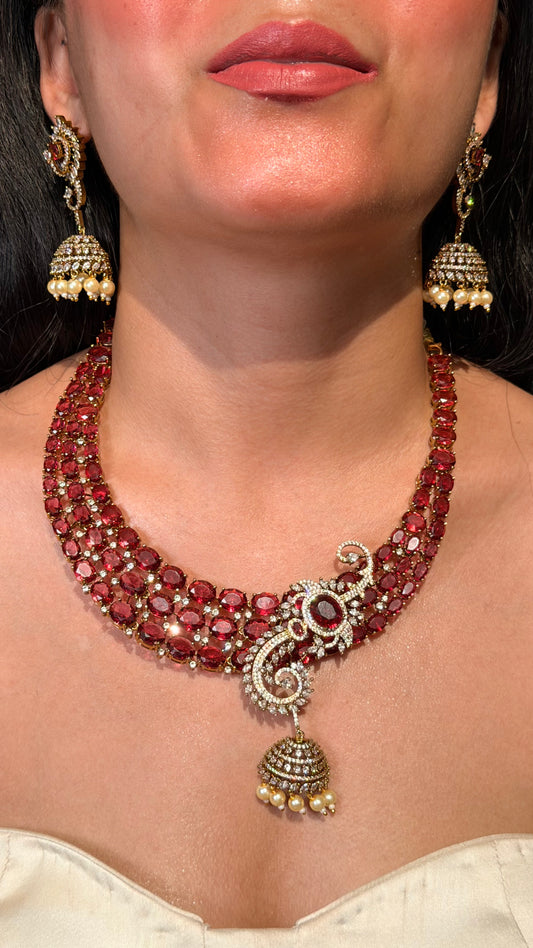 Scarlet Majesty Moissanite Necklace with Pearl Drops