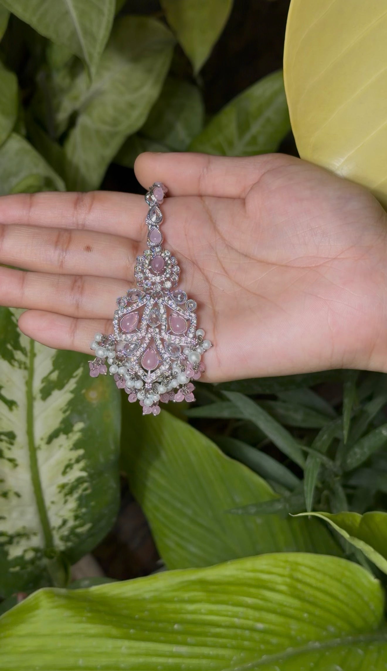 Pink Teardrop Minimal Luxe Necklace Set with Earrings and Mangtikka