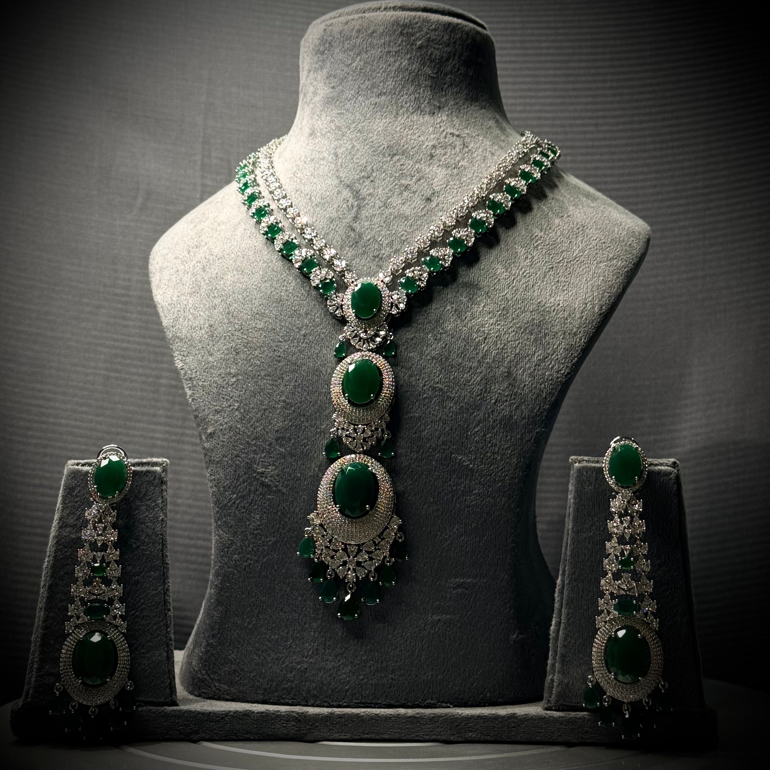 Regal Emerald Oval Necklace Set with Brilliant-Cut American Diamonds