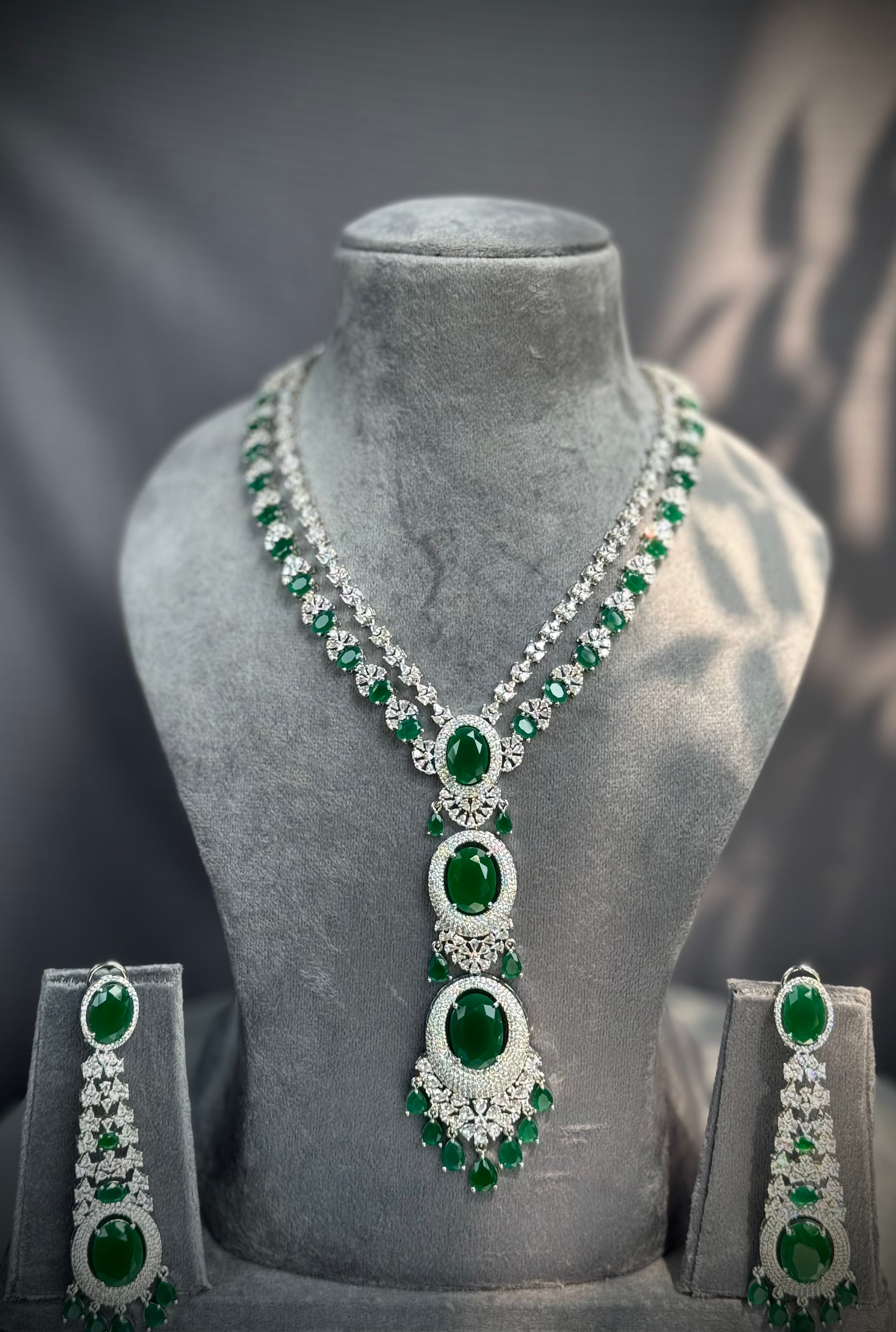 Regal Emerald Oval Necklace Set with Brilliant-Cut American Diamonds