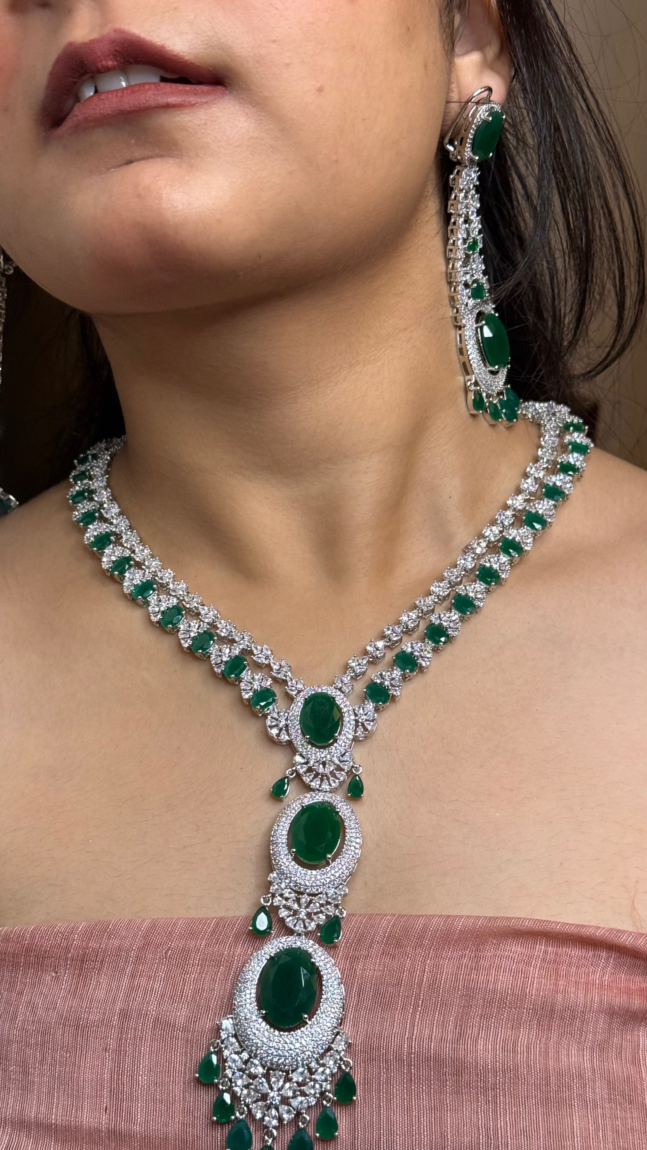 Regal Emerald Oval Necklace Set with Brilliant-Cut American Diamonds