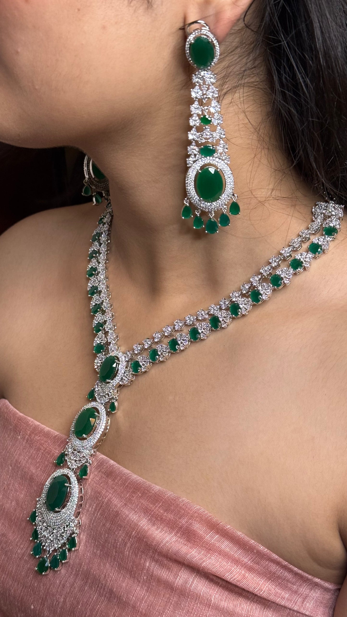 Emerald Majesty AD Long Haram Necklace Set
