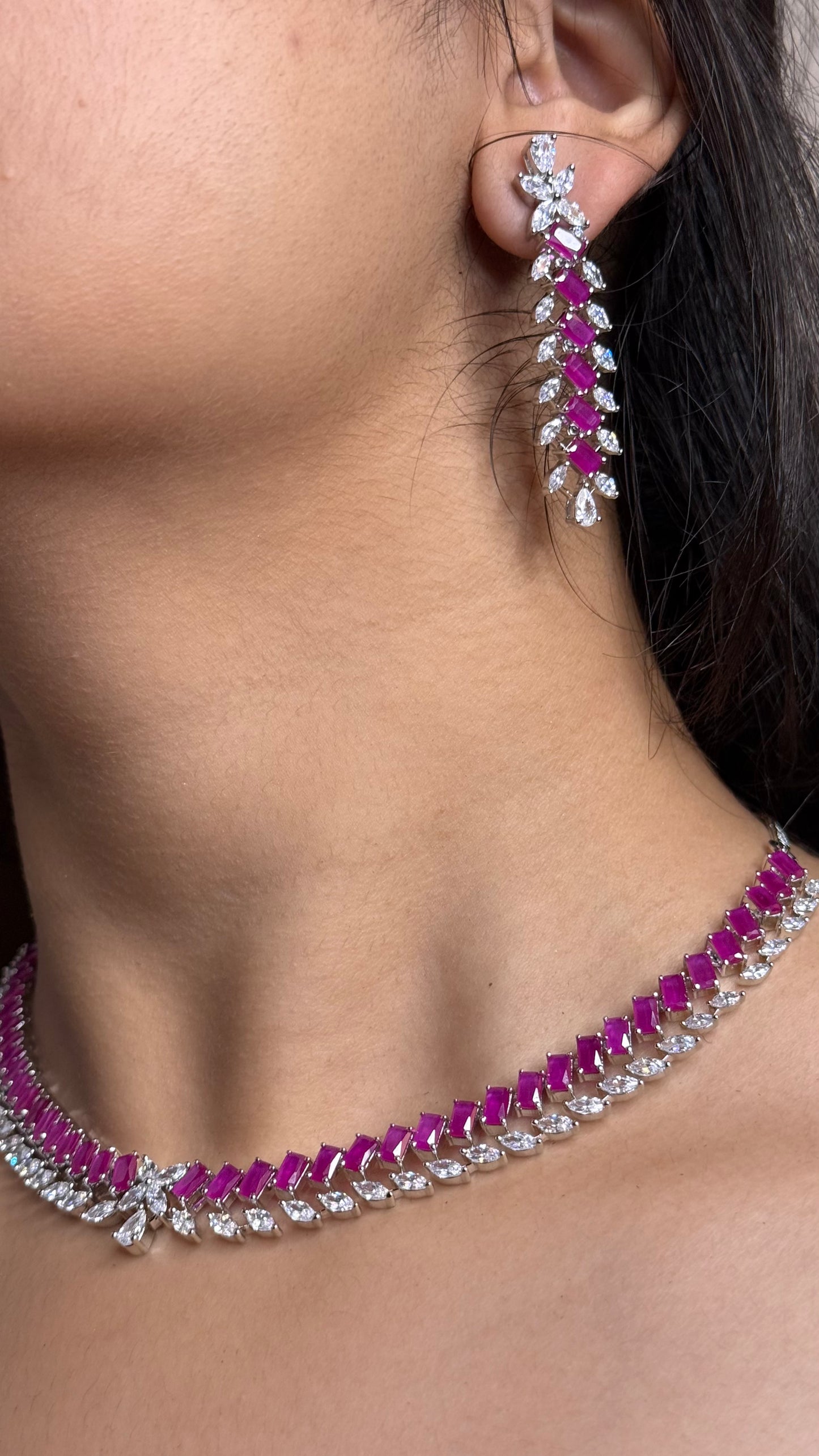 Ruby Glint AD Baguette-Line Choker Necklace Set