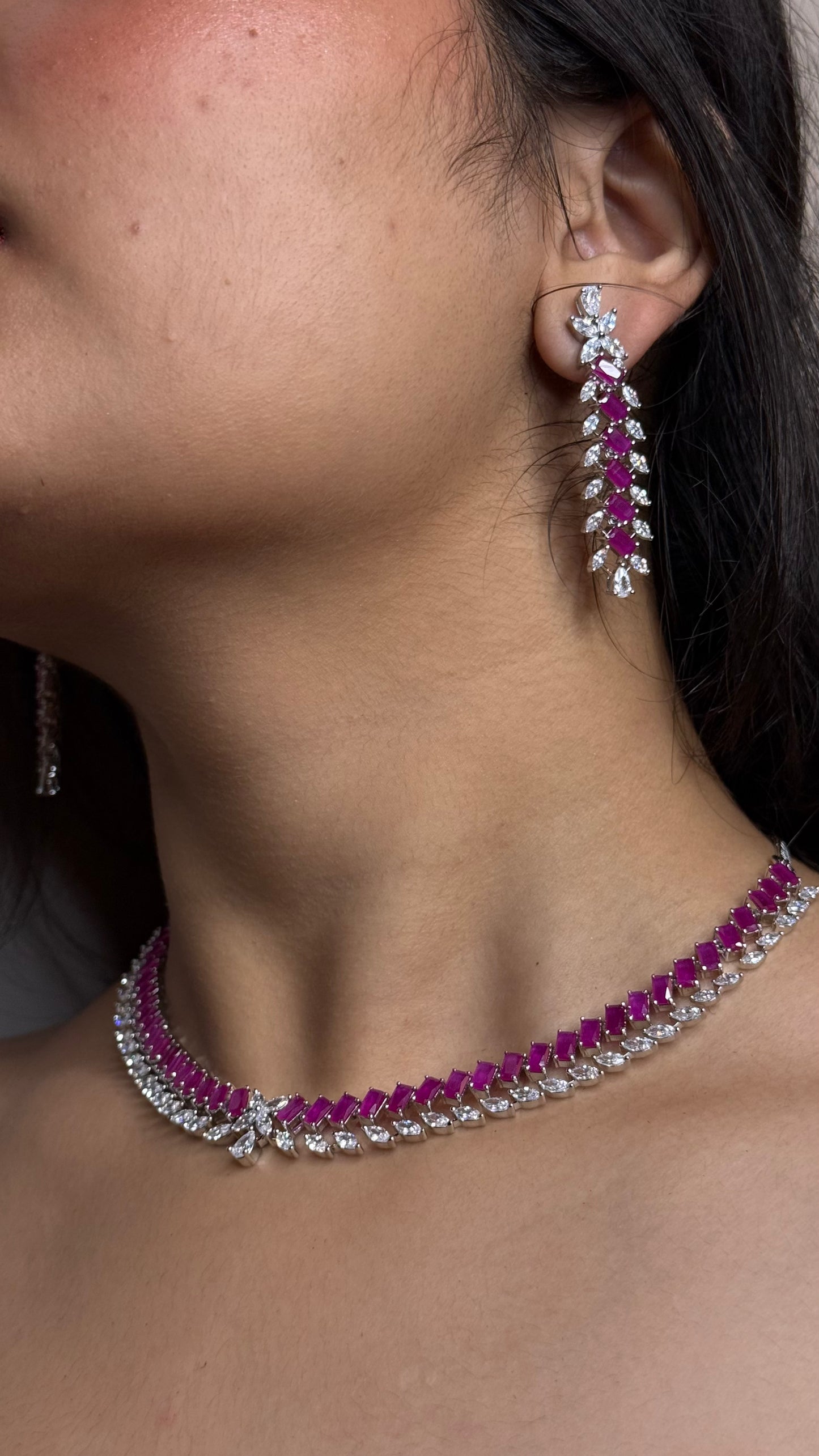 Ruby Glint AD Baguette-Line Choker Necklace Set