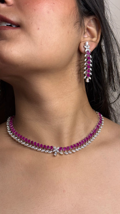 Ruby Glint AD Baguette-Line Choker Necklace Set