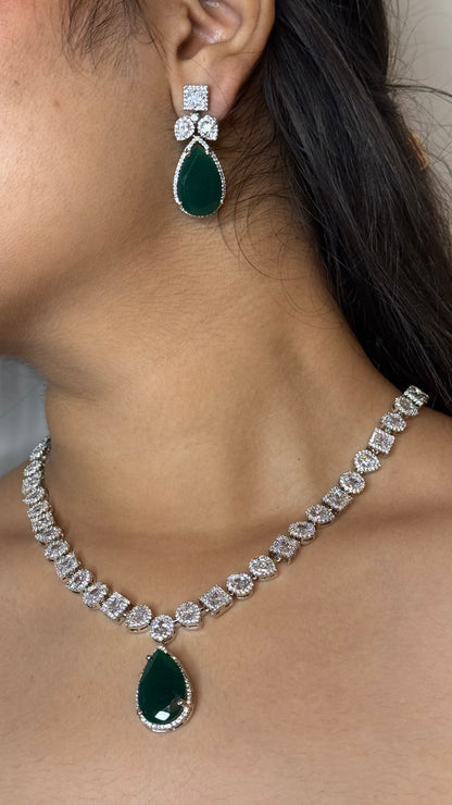 Emerald Grace AD Halo-Link Pendant Necklace Set