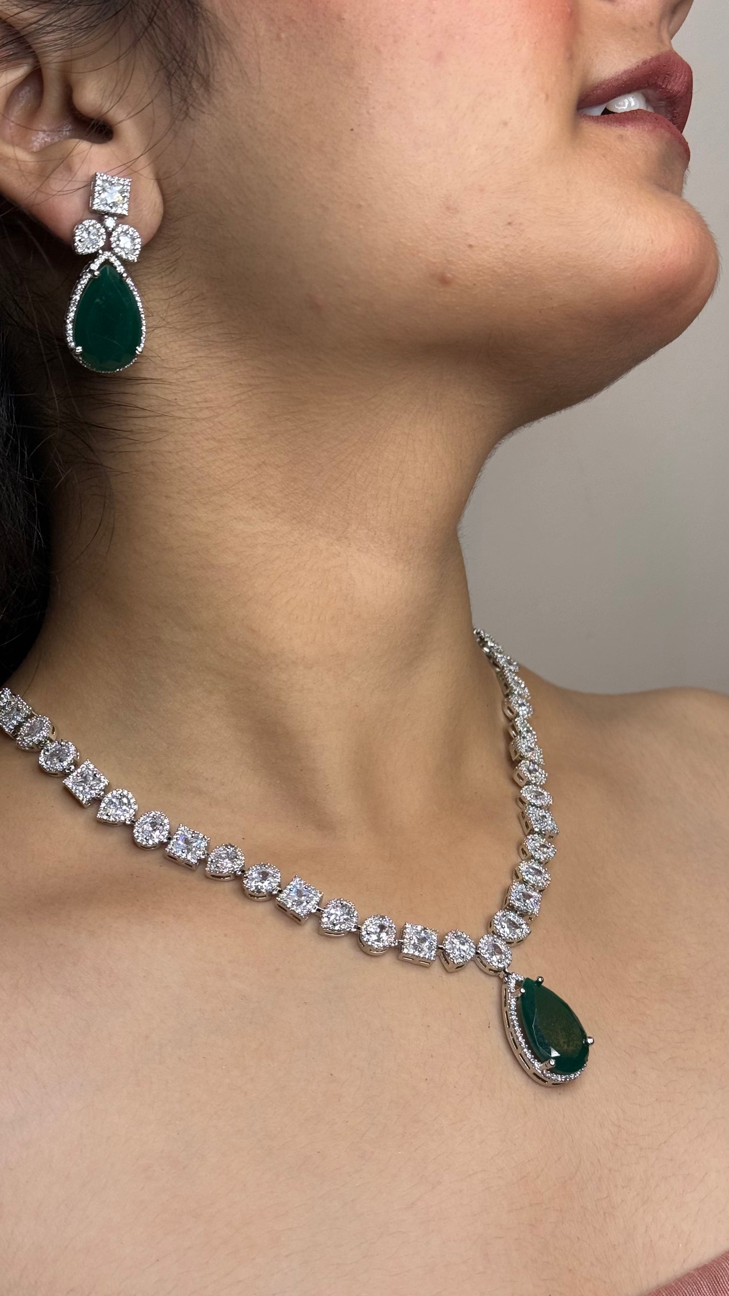 Emerald Grace AD Halo-Link Pendant Necklace Set