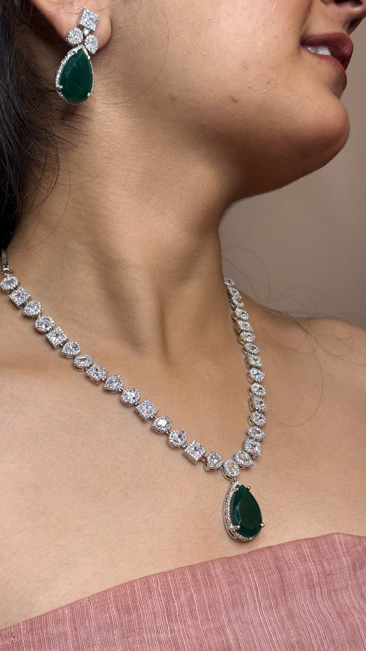 Emerald Grace AD Halo-Link Pendant Necklace Set