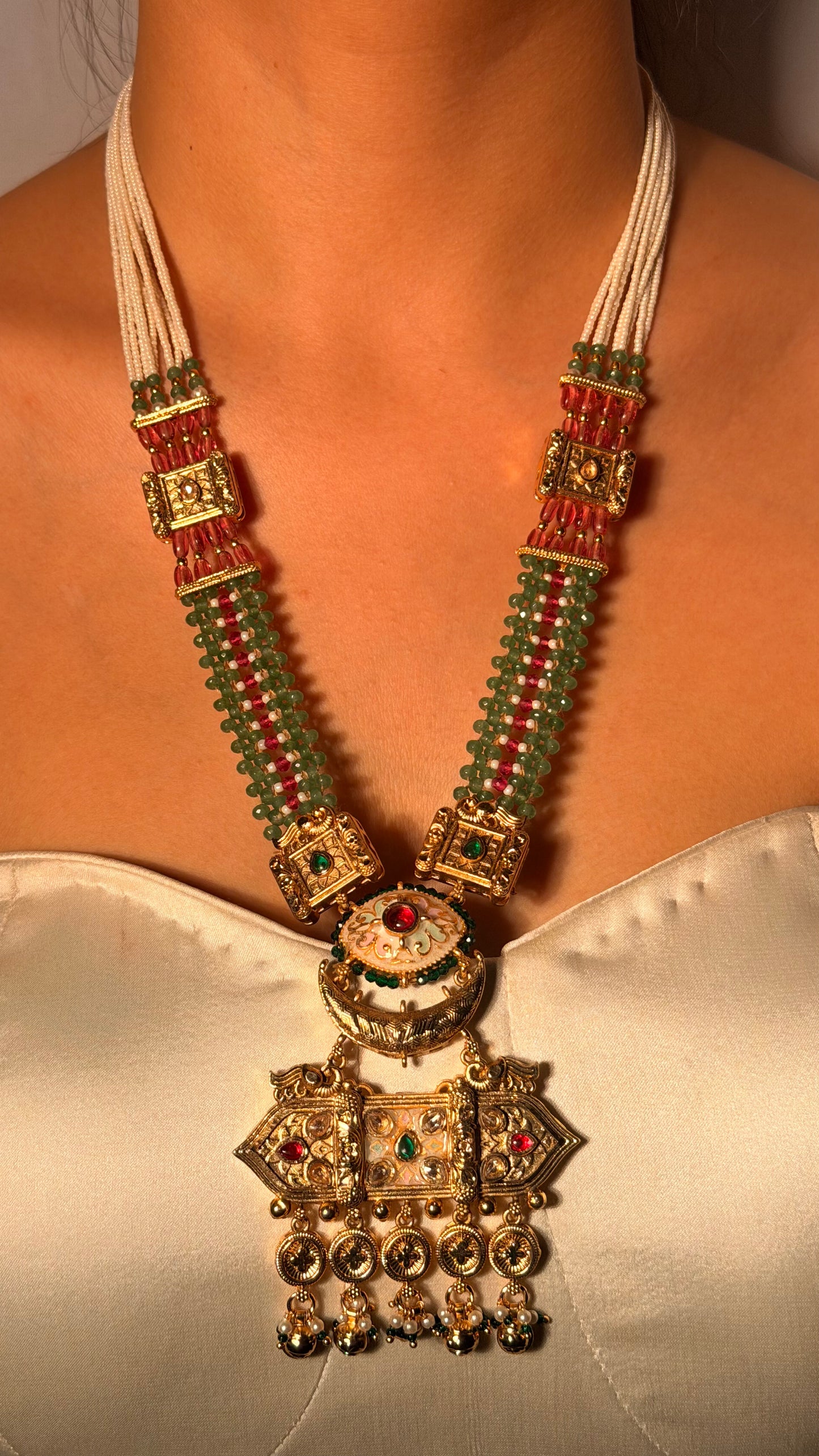 Ruby Green Beaded Statement Necklace Set