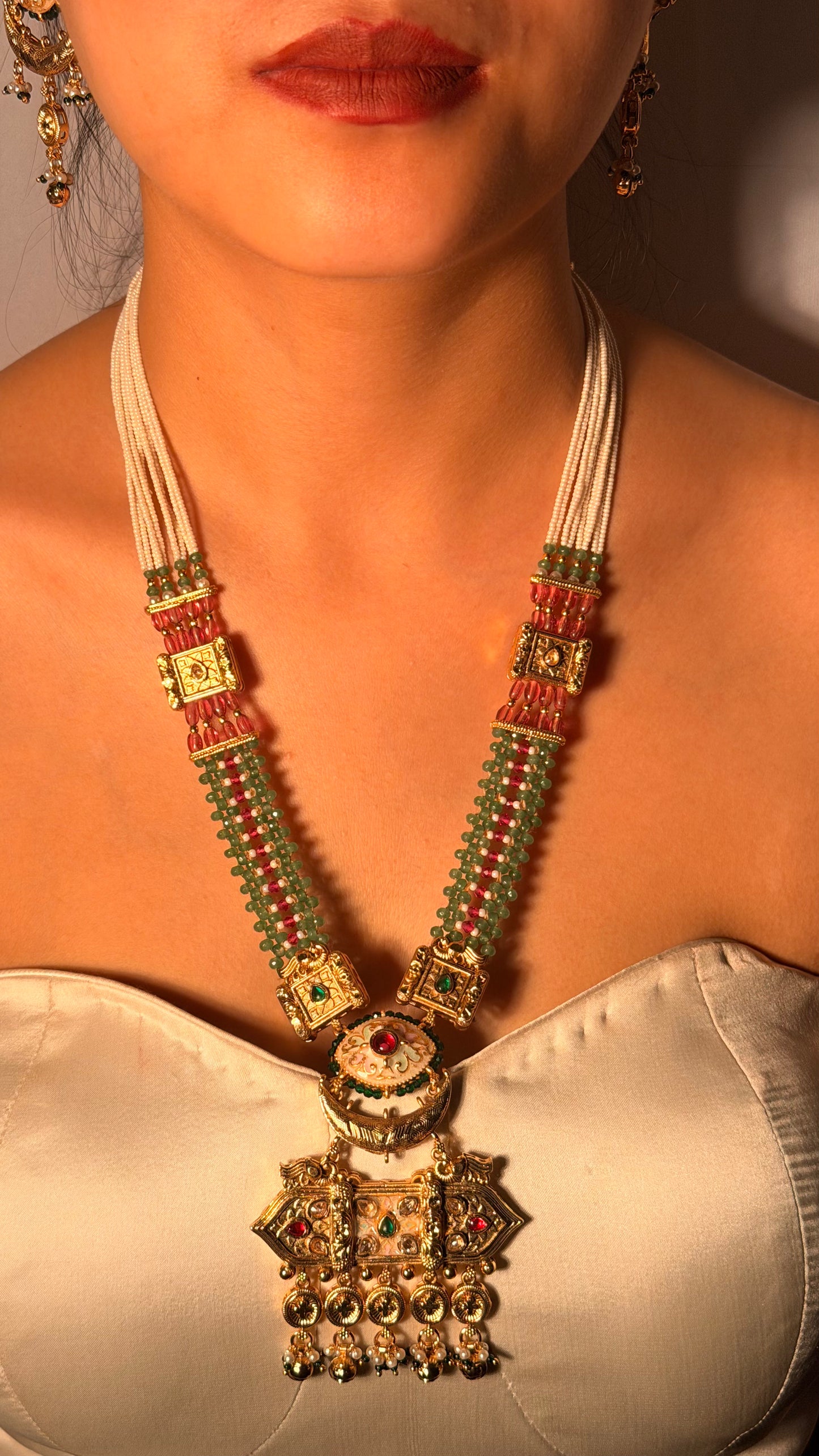 Ruby Green Beaded Statement Necklace Set