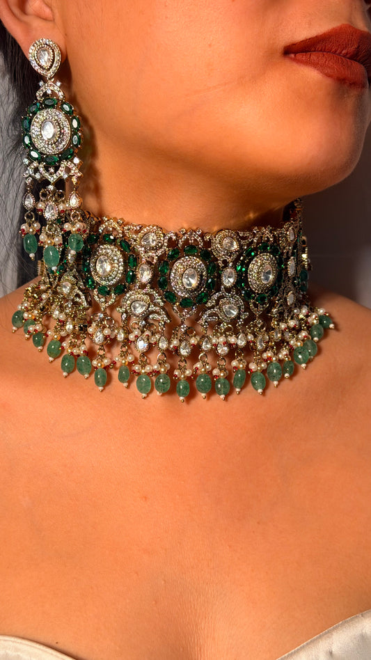 Mahira Emerald Pearl Polki Kundan AD Choker Necklace with Long Earrings
