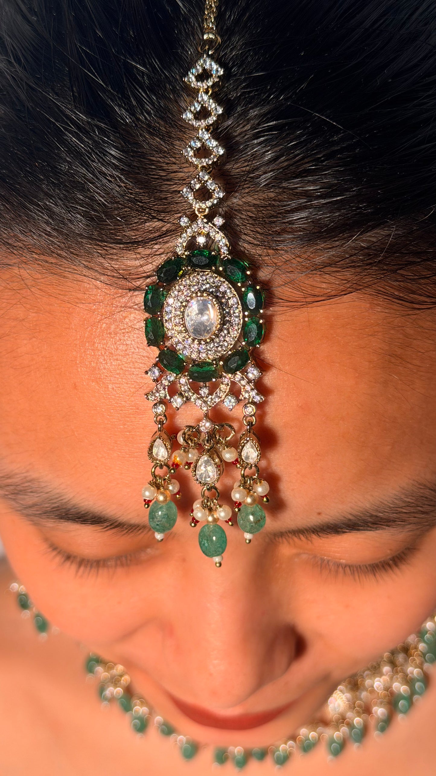 Mahira Emerald Pearl Polki Kundan AD Choker Necklace with Long Earrings