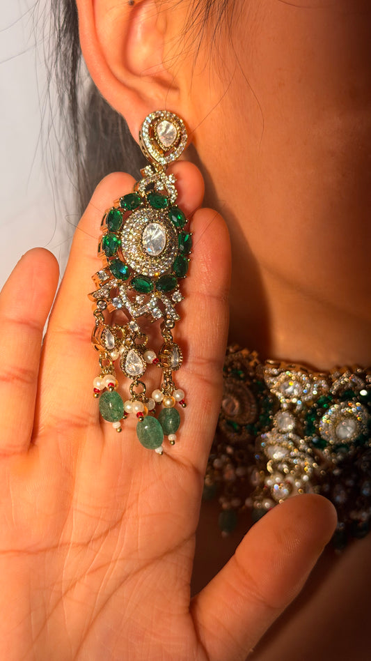 Mahira Emerald Pearl Polki Kundan AD Choker Necklace with Long Earrings