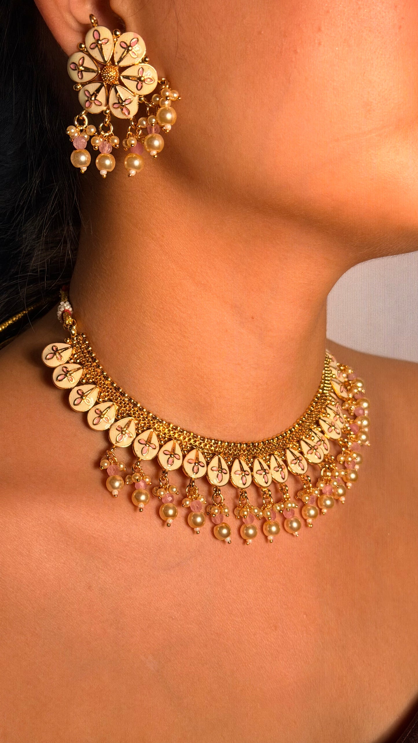 Ivory Bloom Handcrafted Festive Necklace Set With Earrings