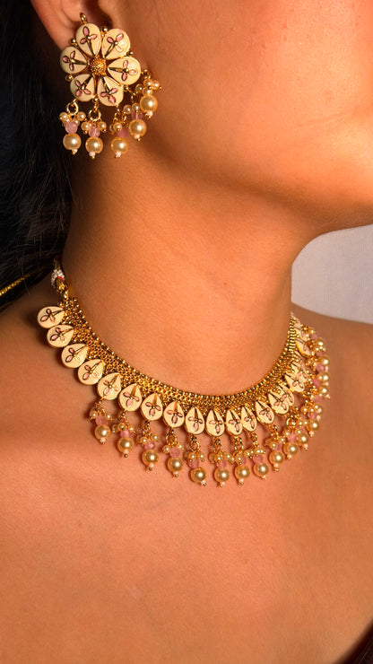 Ivory Bloom Handcrafted Festive Necklace Set With Earrings