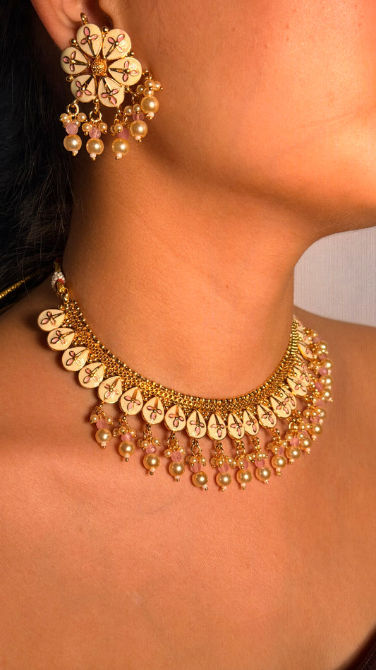 Ivory Bloom Handcrafted Festive Necklace Set With Earrings