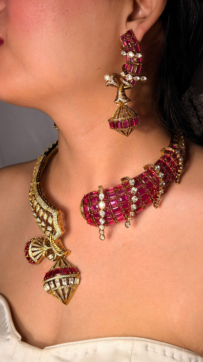 Ruby Kundan Diamonds Designer Hasli Neckpiece With Earrings