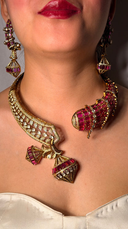 Ruby Kundan Diamonds Designer Hasli Neckpiece With Earrings
