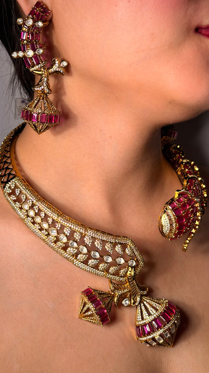 Ruby Kundan Diamonds Designer Hasli Neckpiece With Earrings