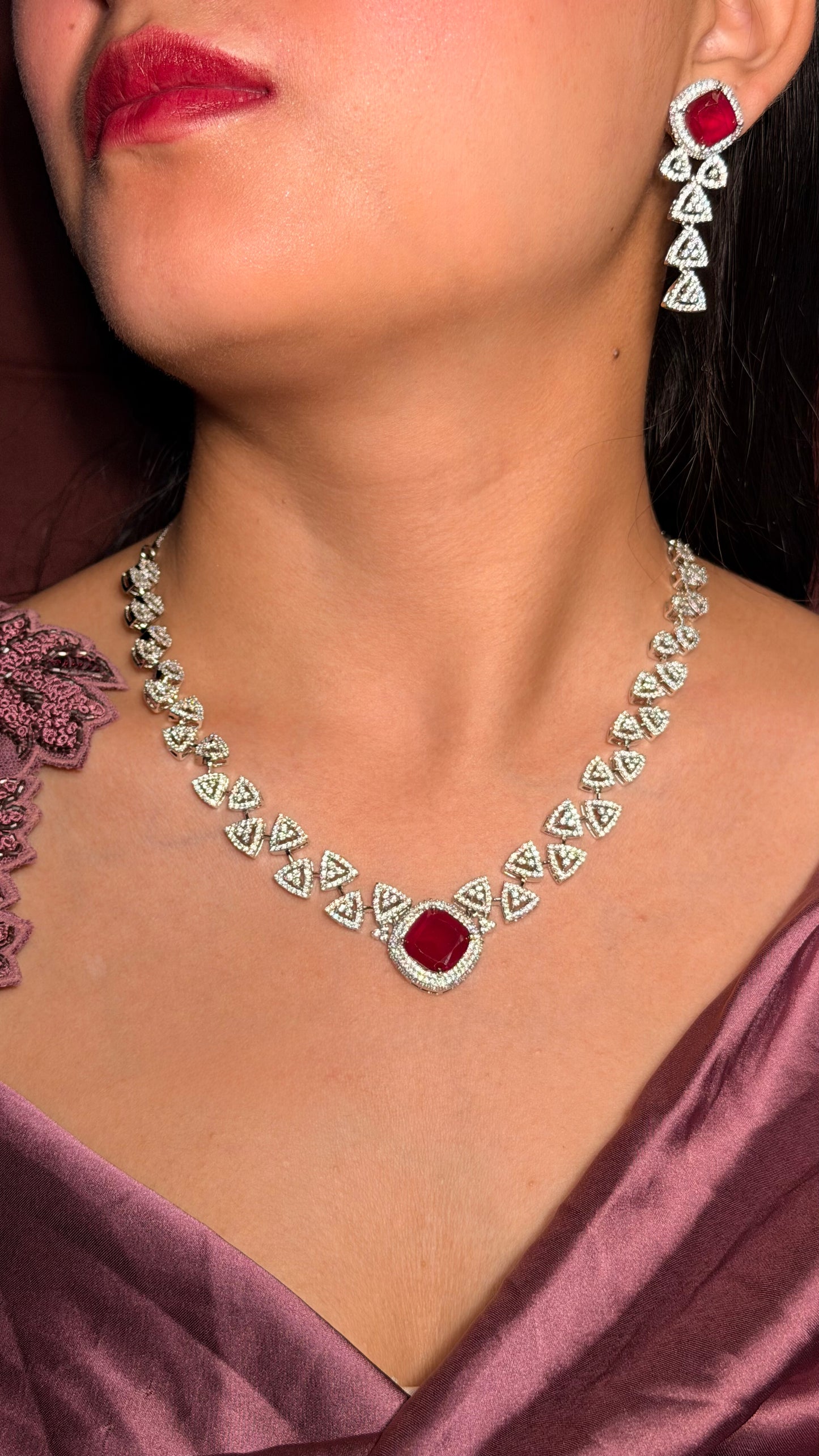 Diamond Ruby Pendant With Earrings