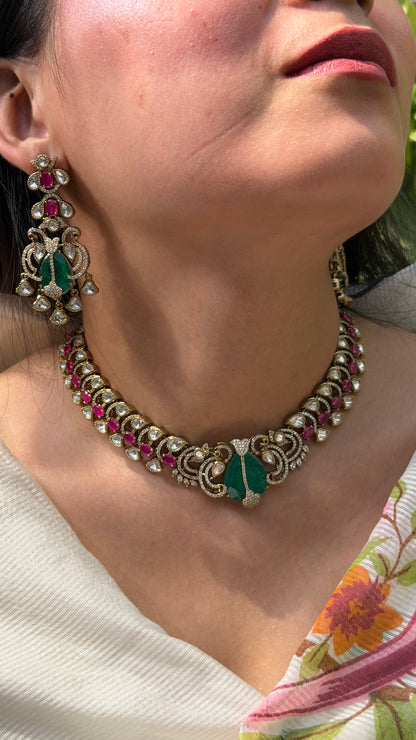 Aafreen Emerald Victorian Ruby Kundan Necklace with Long Earrings