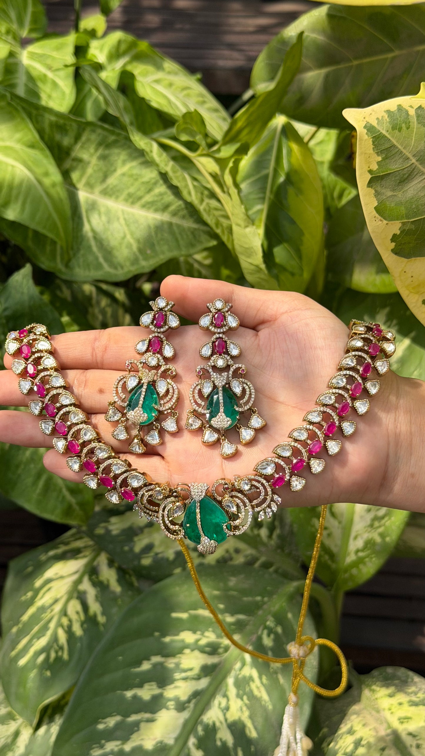 Aafreen Emerald Victorian Ruby Kundan Necklace with Long Earrings