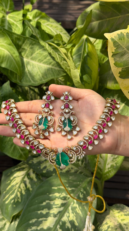 Aafreen Emerald Victorian Ruby Kundan Necklace with Long Earrings