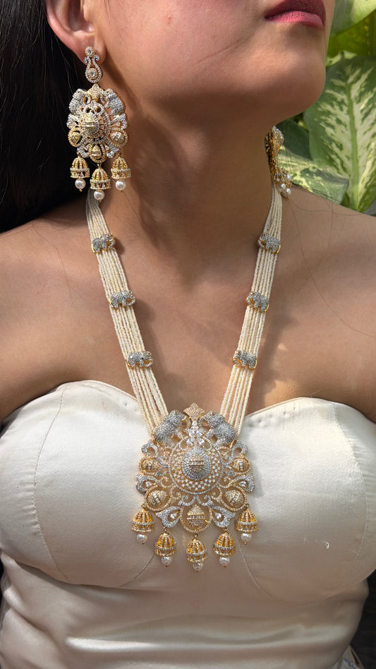 Noor Mahal Pearl American Diamond Wedding Long Necklace Set