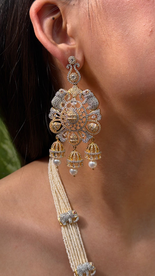 Noor Mahal Pearl American Diamond Wedding Long Necklace Set
