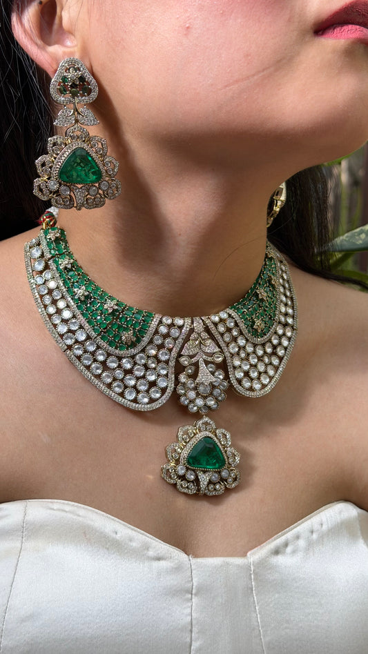 Inaaya Emerald Kundan AD Designer Choker Necklace Set with Earrings