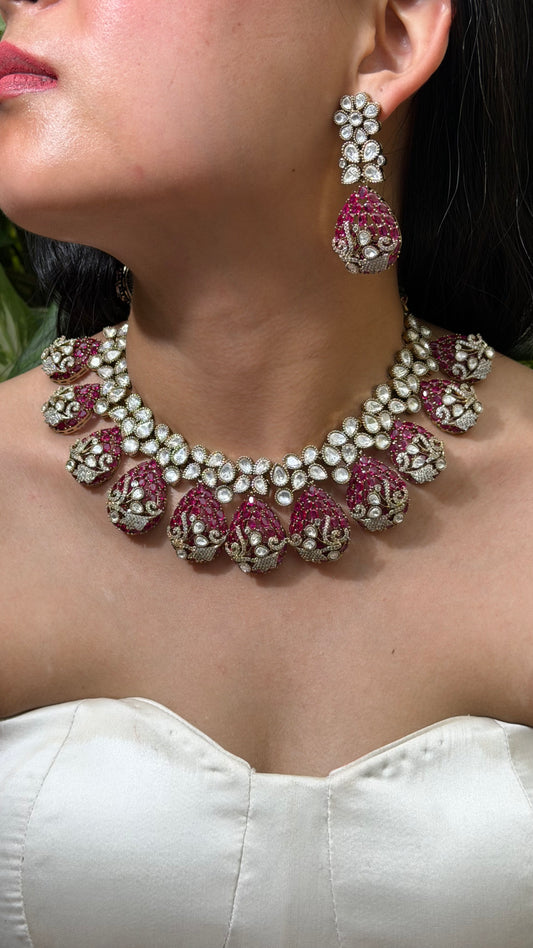 Bollywood Inspired Ruby Kundan AD Designer Necklace with Earrings