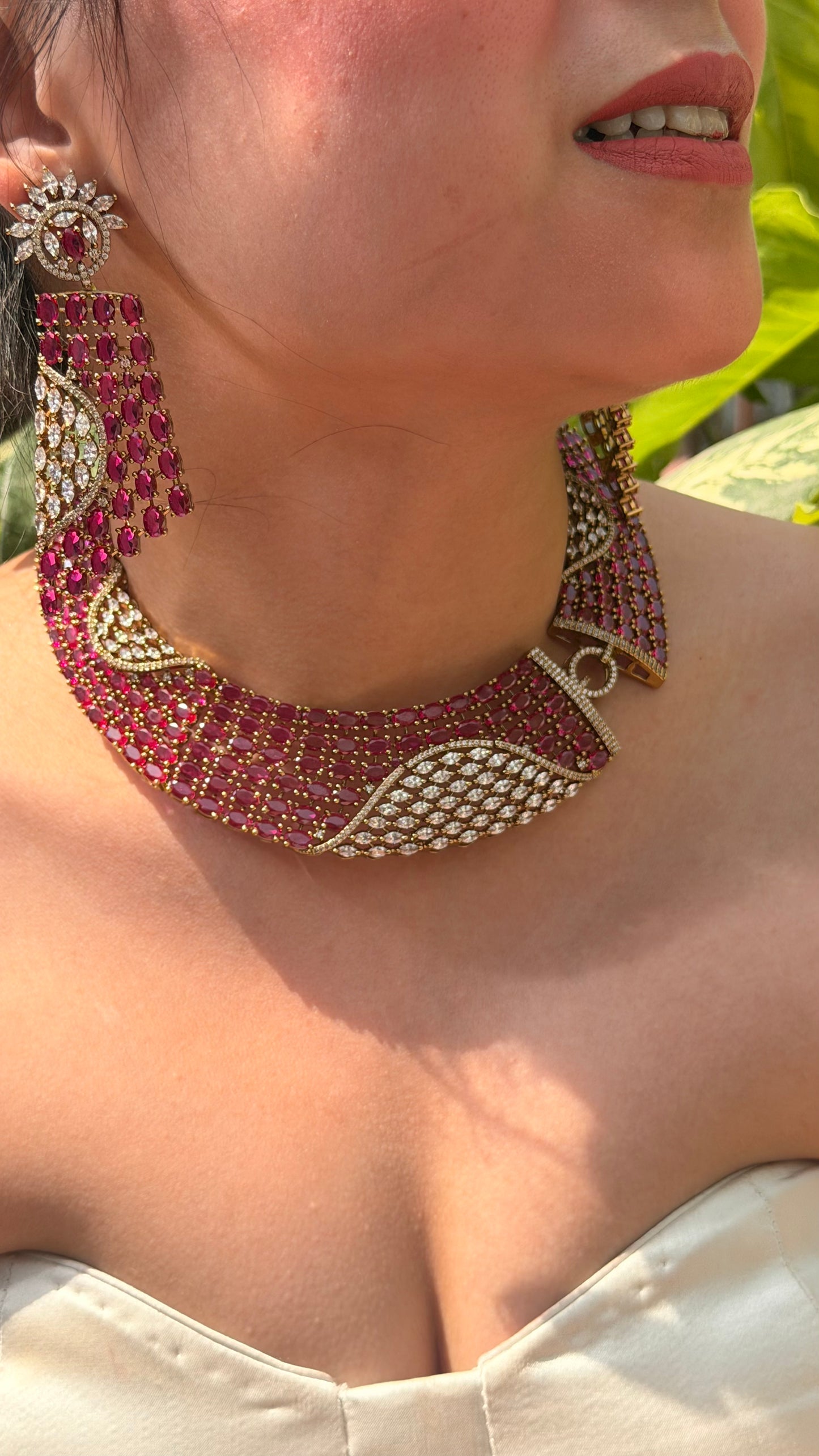 Designer Ruby & Zircon Statement Necklace with Earrings