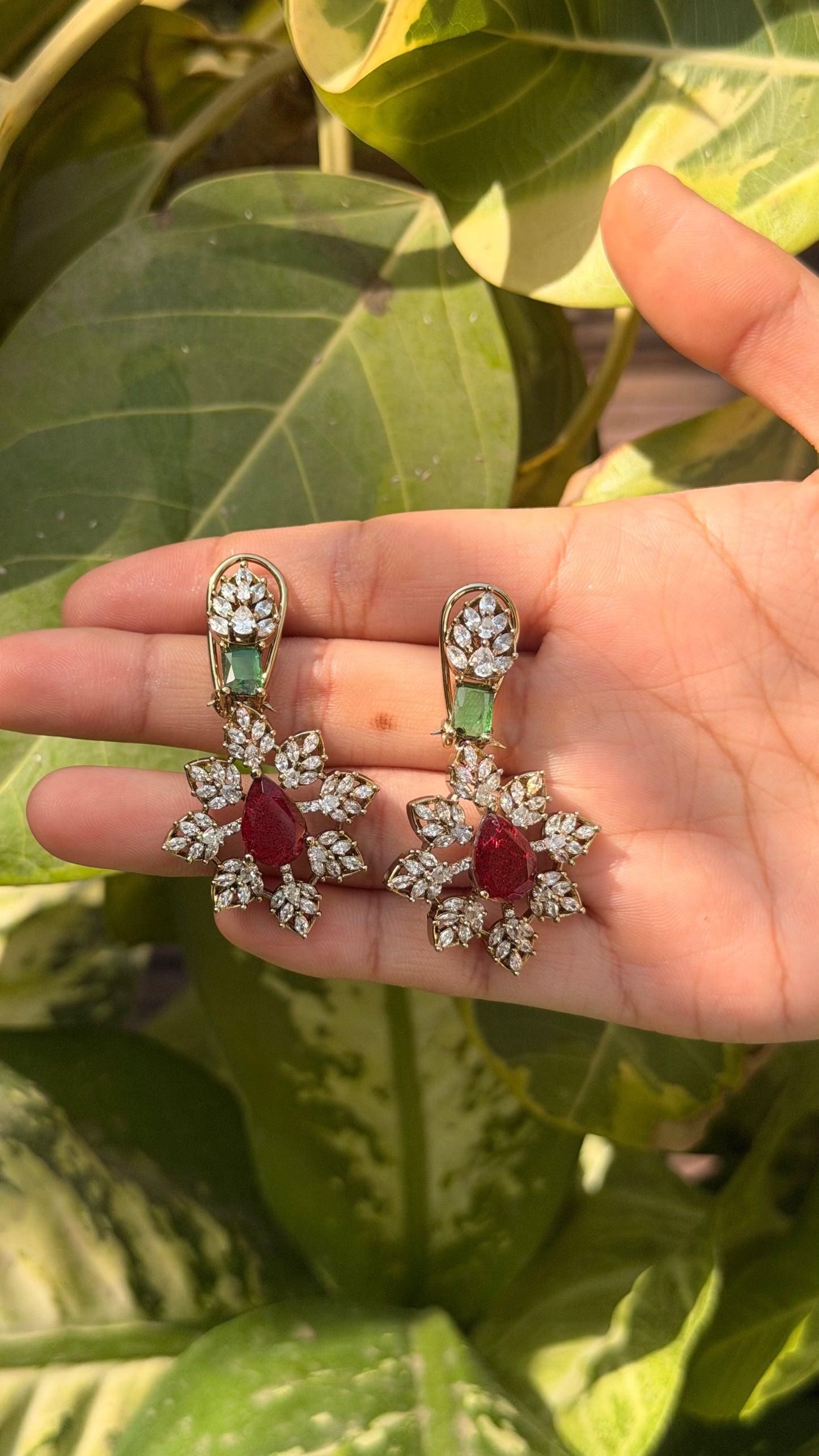 Emerald Diamond Ruby Doublet Gold Plated Necklace with Earrings