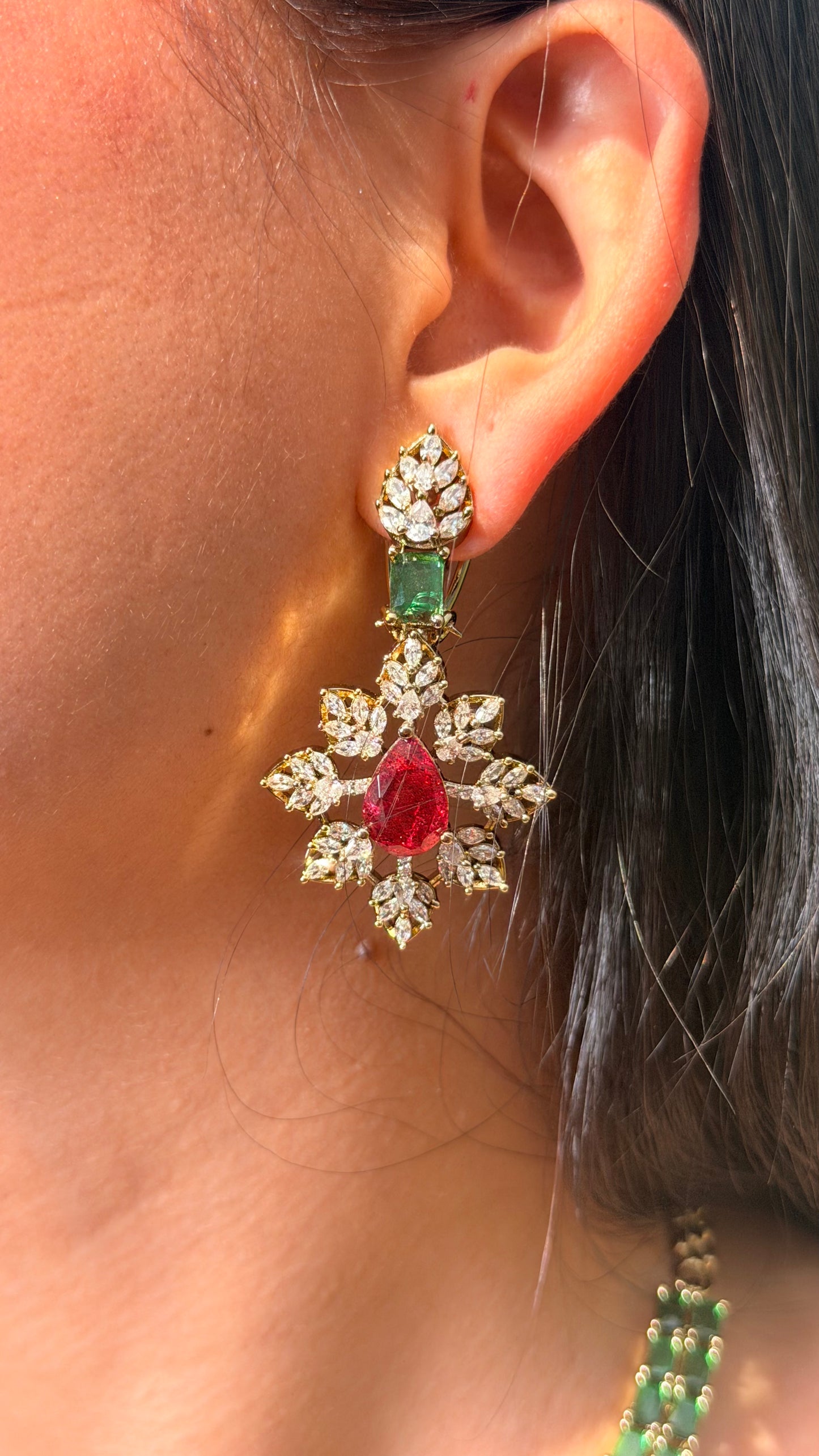 Emerald Diamond Ruby Doublet Gold Plated Necklace with Earrings