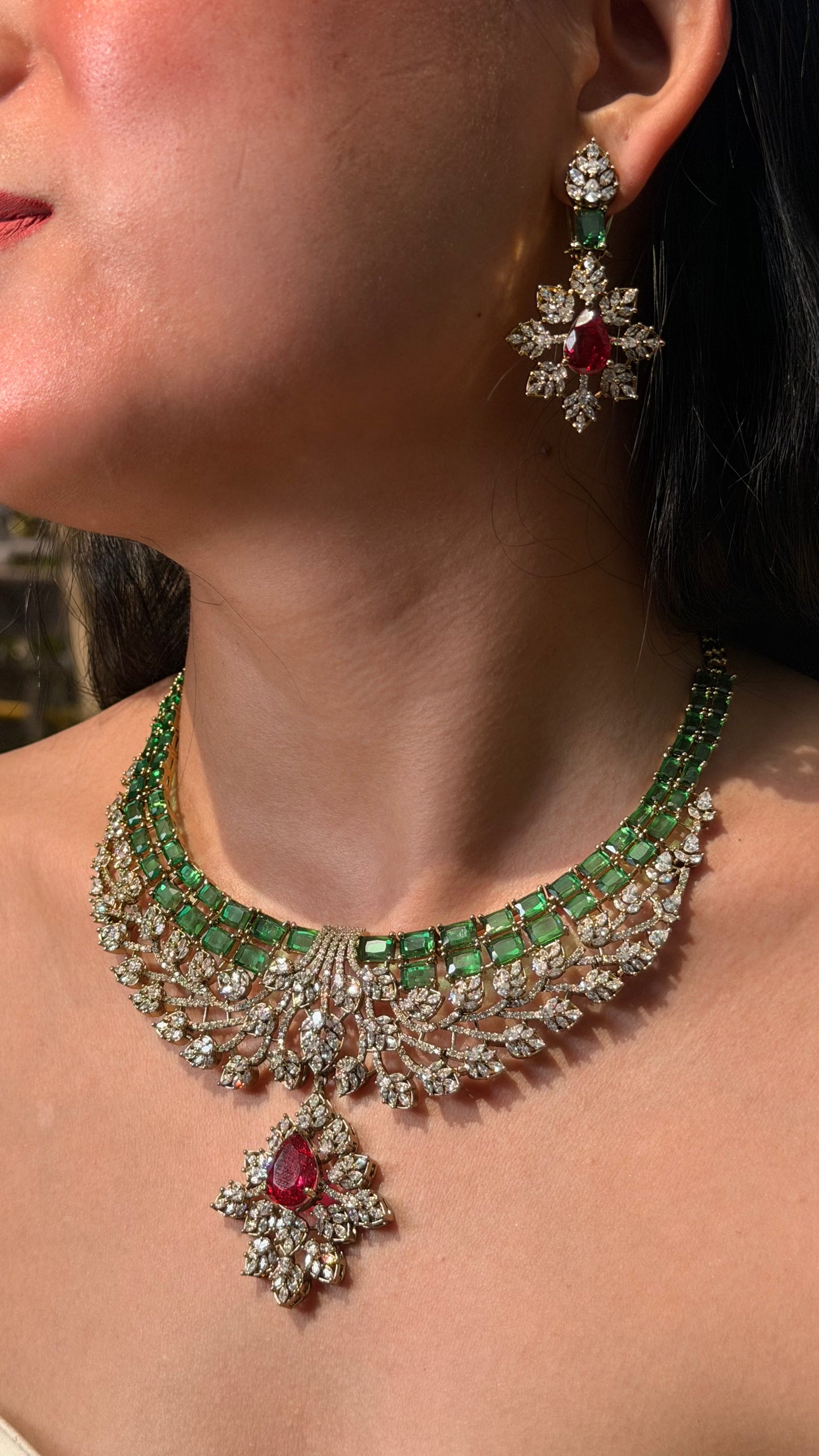 Emerald Diamond Ruby Doublet Gold Plated Necklace with Earrings
