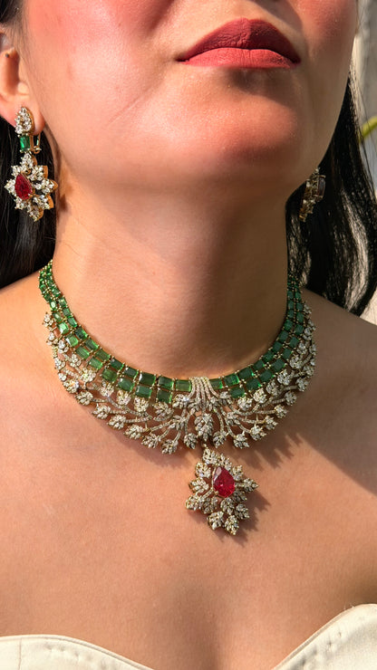 Emerald Diamond Ruby Doublet Gold Plated Necklace with Earrings