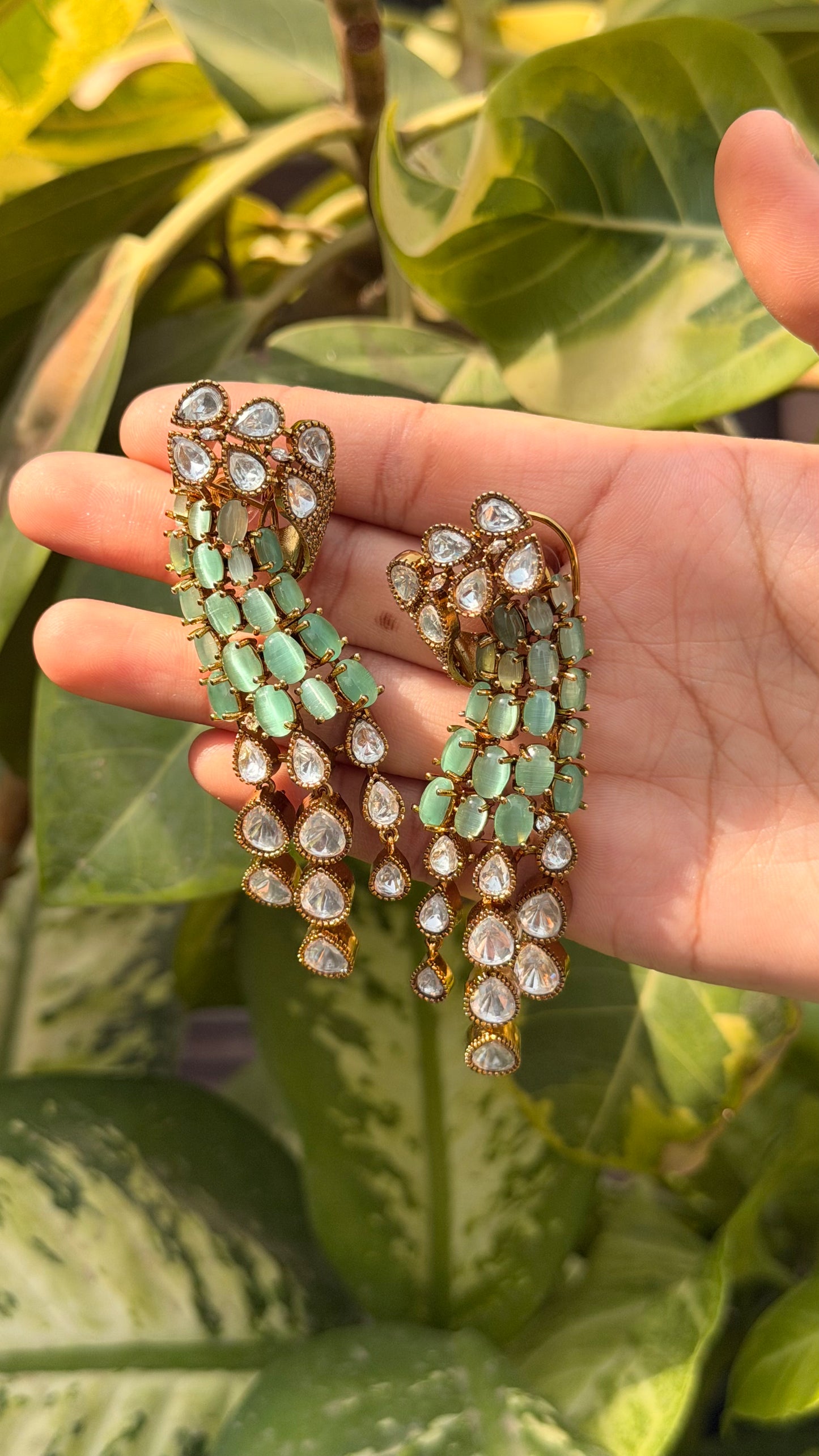 Mint Kundan Moissanite Diamond Gold Plated Designer Necklace with Earrings