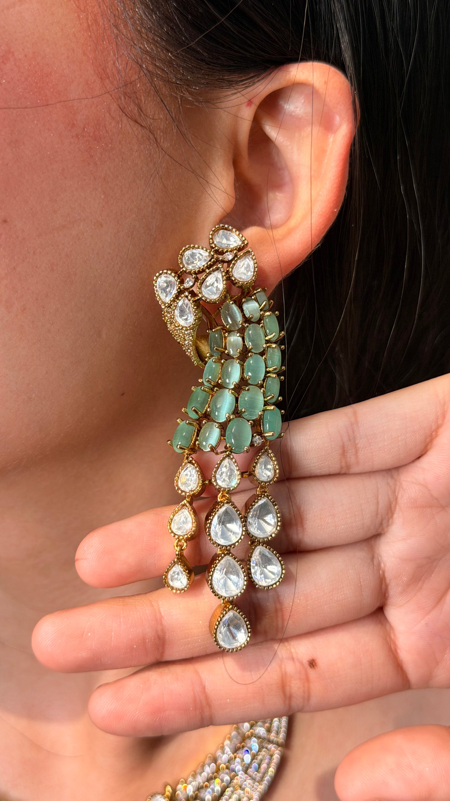 Mint Kundan Moissanite Diamond Gold Plated Designer Necklace with Earrings