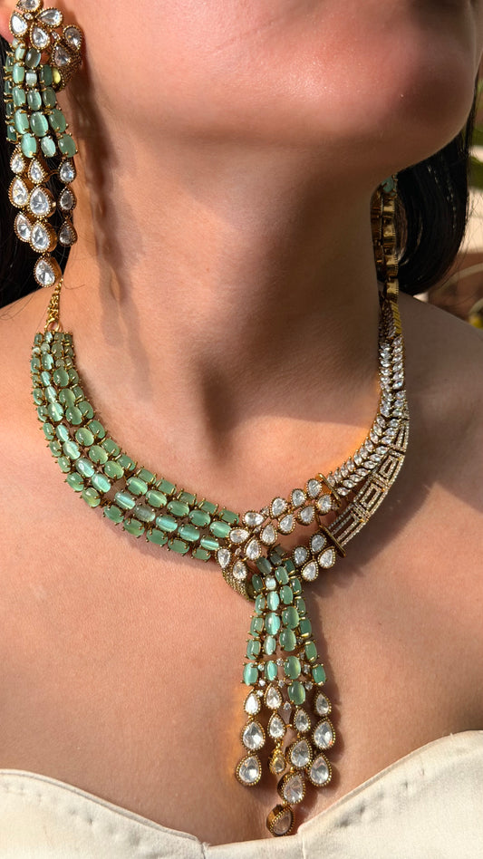 Mint Kundan Moissanite Diamond Gold Plated Designer Necklace with Earrings