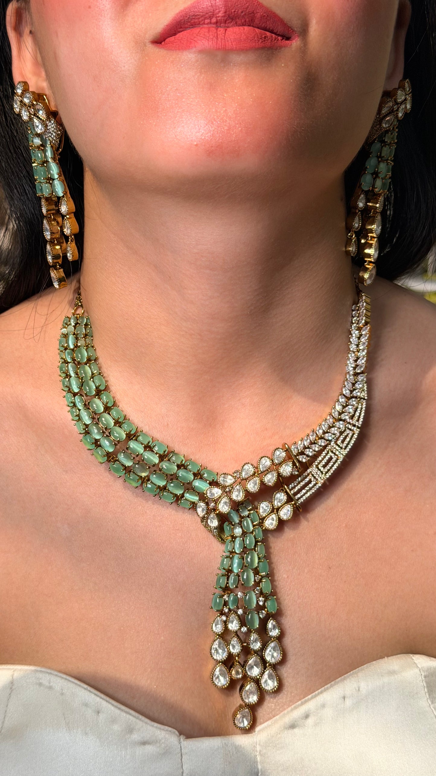 Mint Kundan Moissanite Diamond Gold Plated Designer Necklace with Earrings