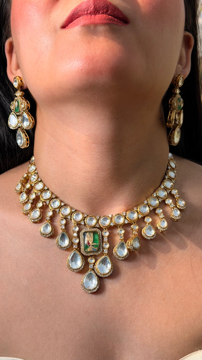 Polki Moissanite Gold Plated Necklace with Earrings