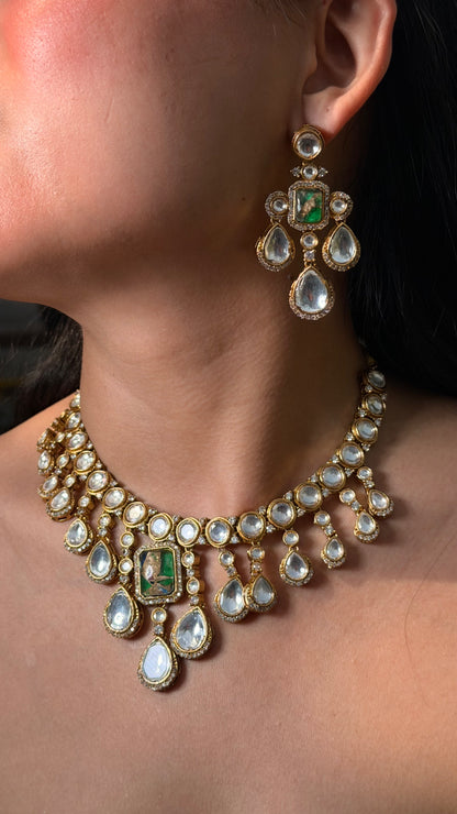 Polki Moissanite Gold Plated Necklace with Earrings