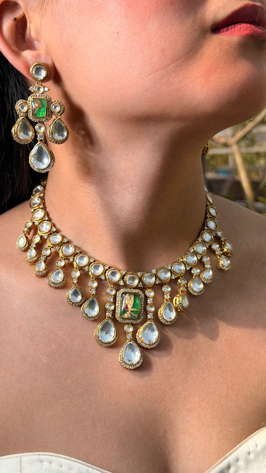 Polki Moissanite Gold Plated Necklace with Earrings
