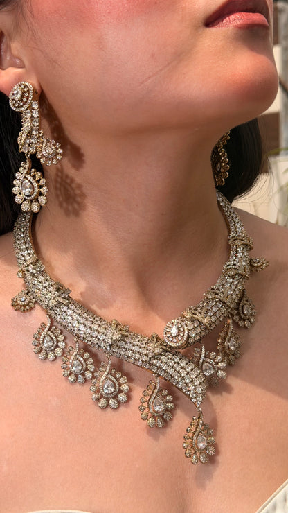 Diamond Zircon Paisley Statement Necklace Set With Earrings
