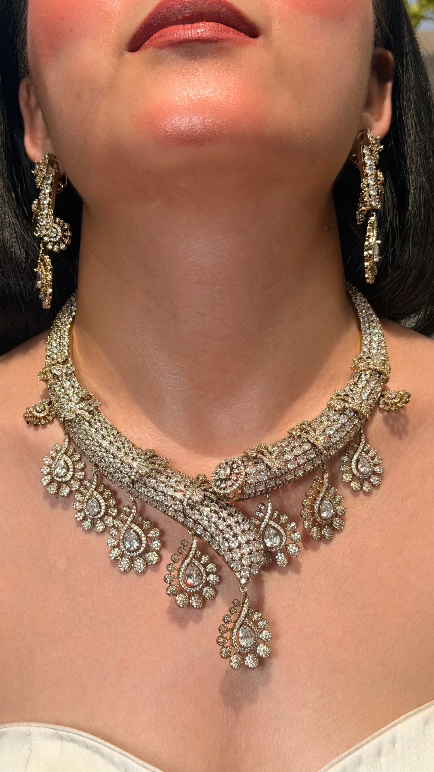 Diamond Zircon Paisley Statement Necklace Set With Earrings