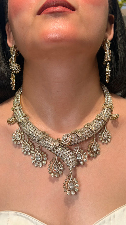 Diamond Zircon Paisley Statement Necklace Set With Earrings