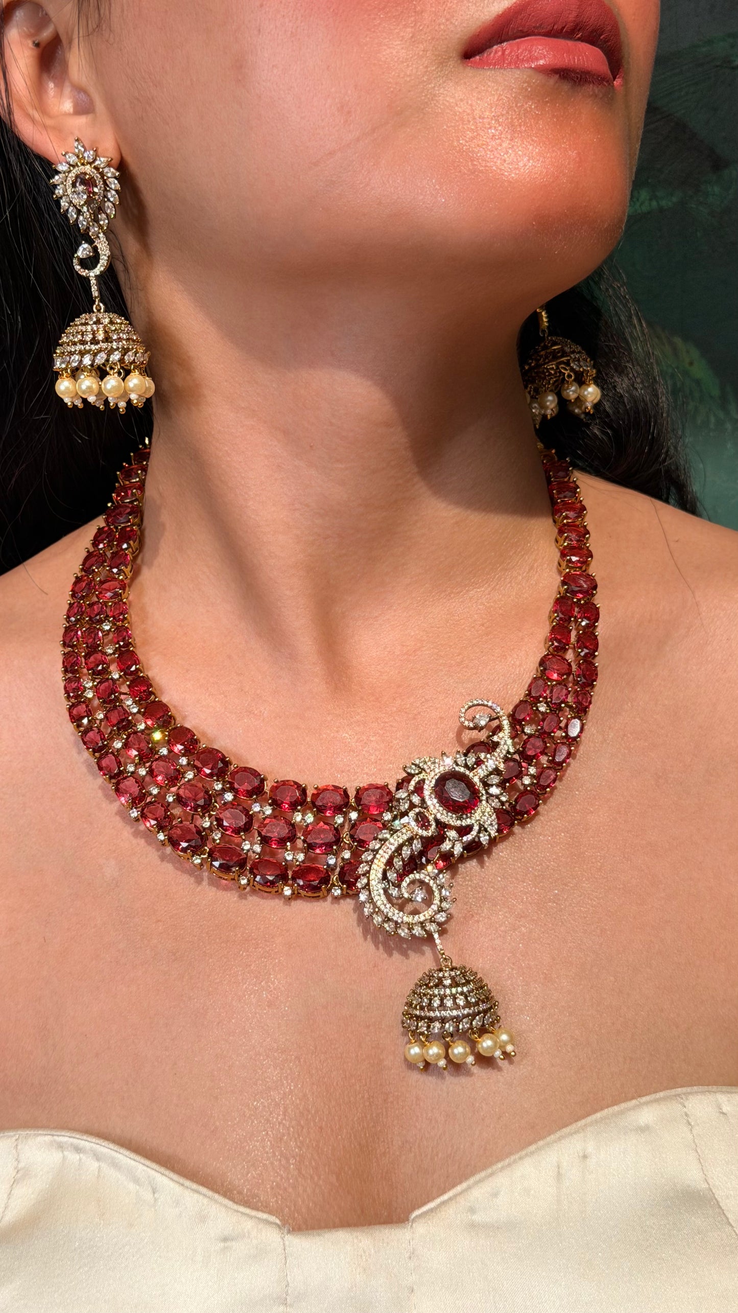 Scarlet Majesty Moissanite Necklace with Pearl Drops